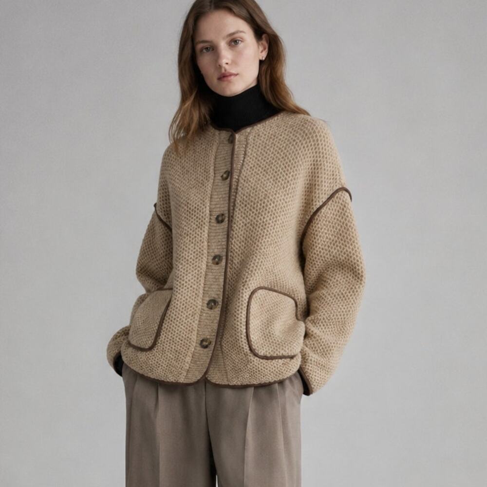 Altuzarra Medrano Wool-blend Faux Leather Piping Jacket Womens M/L Beige Button